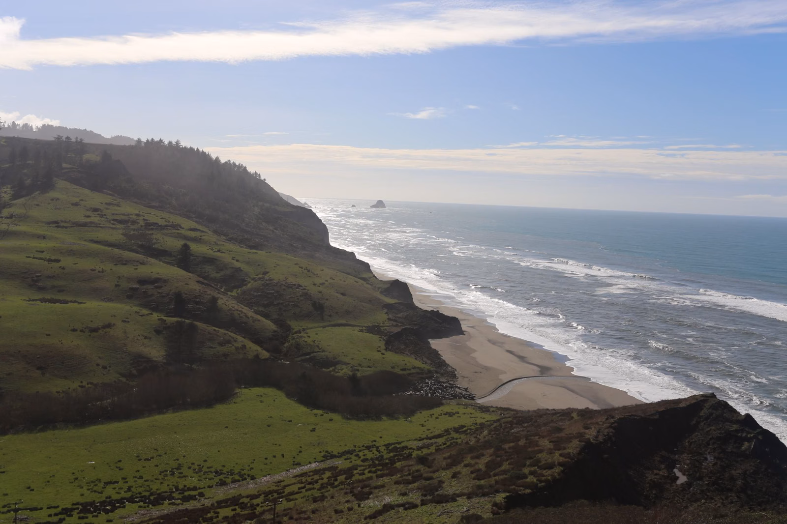 Green coastal hills dropping to a long beach and surf on the northern California coast